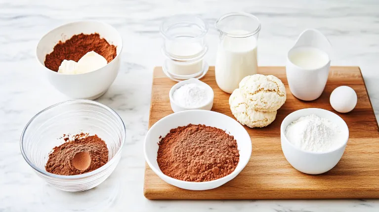 Ingredients for chocolate gravy and biscuits on a bright kitchen counter: cocoa powder, sugar, milk, and flour alongside baking essentials.