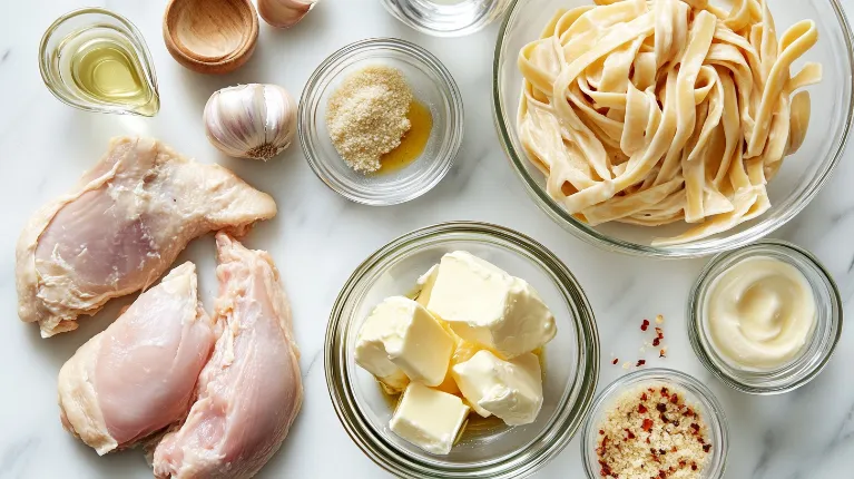 Ingredients for garlic parmesan chicken pasta neatly displayed on a kitchen countertop, including chicken, pasta, garlic, and parmesan cheese.