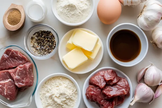 Ingredients for homemade brown gravy, including butter, flour, beef stock, Worcestershire sauce, and seasonings, arranged in a modern kitchen.