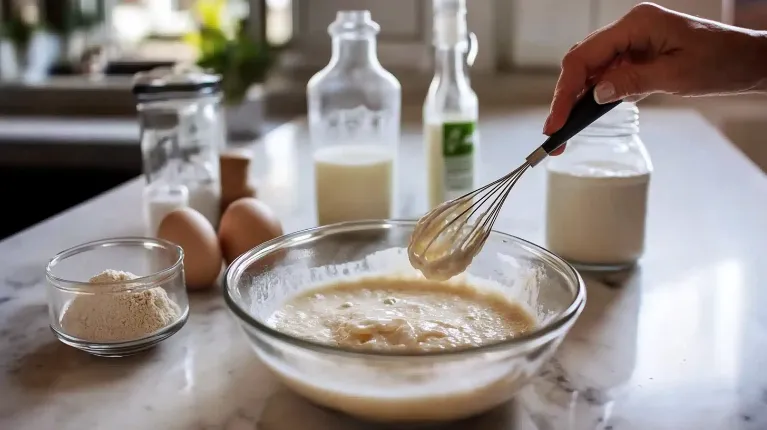 Ingredients for mini pancakes, including flour, milk, egg, butter, sugar, and vanilla, arranged on a bright modern kitchen counter.