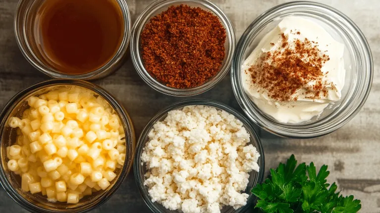 Ingredients forSmoked Mac and Cheese Recipe laid out in a modern kitchen setting.