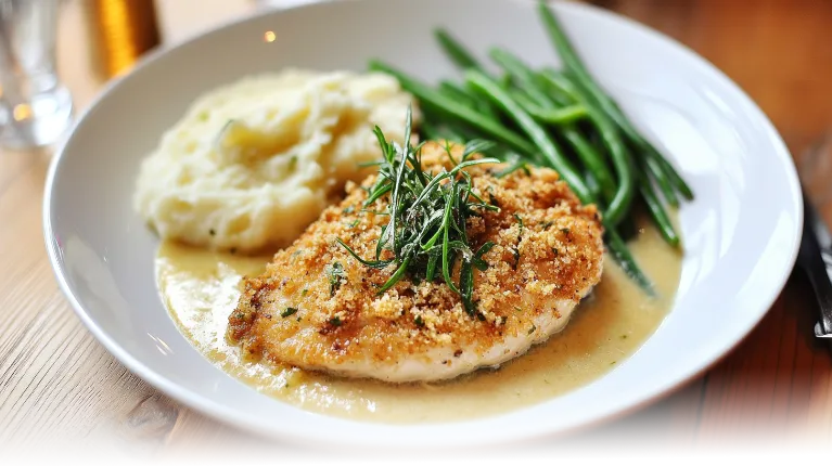 Parmesan Crusted Chicken with golden crust, served alongside mashed potatoes and green beans in a modern kitchen.