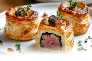 Perfectly golden Beef Wellington sliced to reveal tender medium-rare beef in a modern kitchen setting.