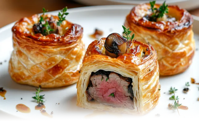 Perfectly golden Beef Wellington sliced to reveal tender medium-rare beef in a modern kitchen setting.