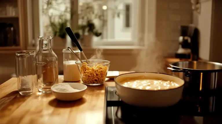 Preparation of Smoked Mac and Cheese Recipe with pasta being mixed into creamy cheese sauce.