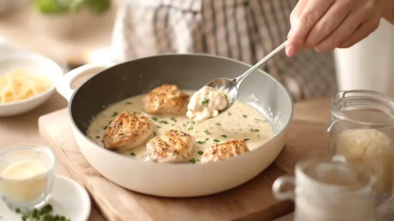 Preparation process of garlic parmesan chicken pasta, with chicken cooking, pasta boiling, and sauce being made in a skillet.