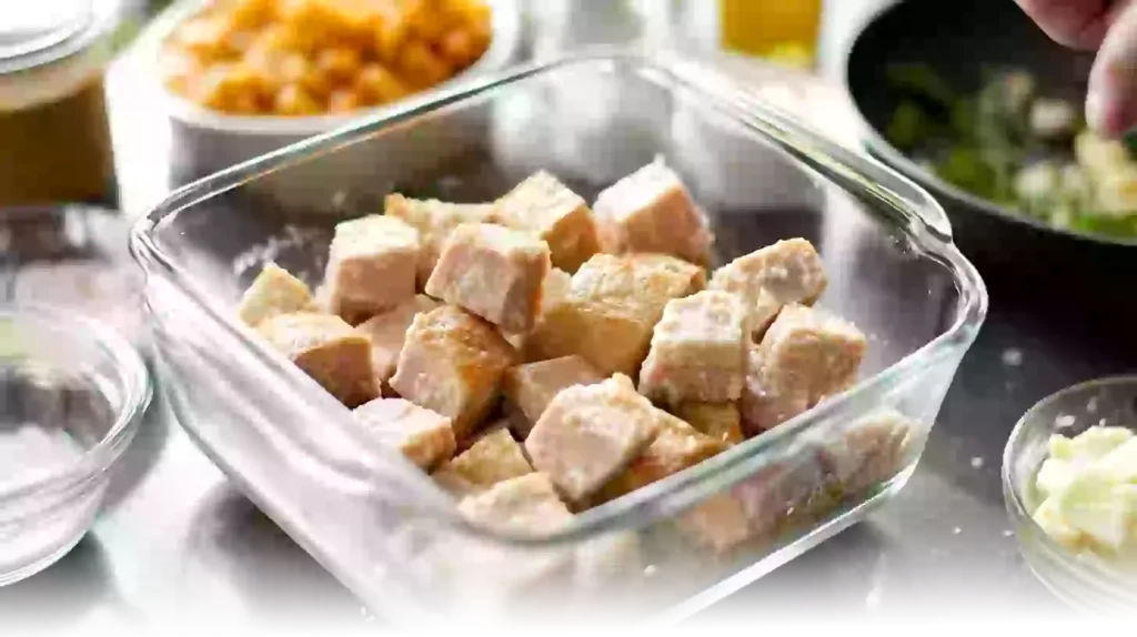 Hands layering croissants, ham, and cheese in a casserole dish with egg mixture being poured in a modern kitchen setting.