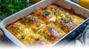 Golden Ham and Cheese Breakfast Casserole garnished with fresh parsley, served in a modern kitchen setting.