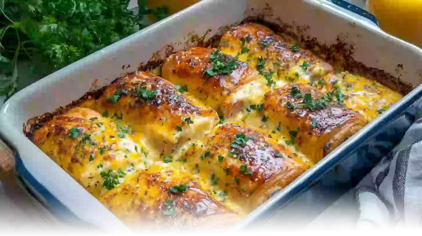 Golden Ham and Cheese Breakfast Casserole garnished with fresh parsley, served in a modern kitchen setting.