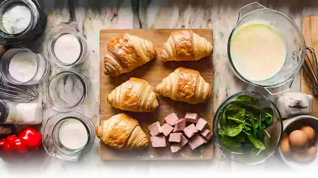 Fresh ingredients for Ham and Cheese Breakfast Casserole arranged on a wooden countertop in a modern kitchen.