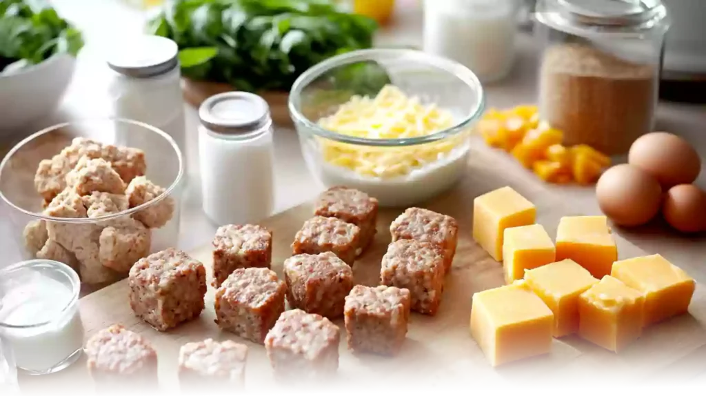 Ingredients for sausage muffins with Bisquick neatly arranged on a modern kitchen counter.