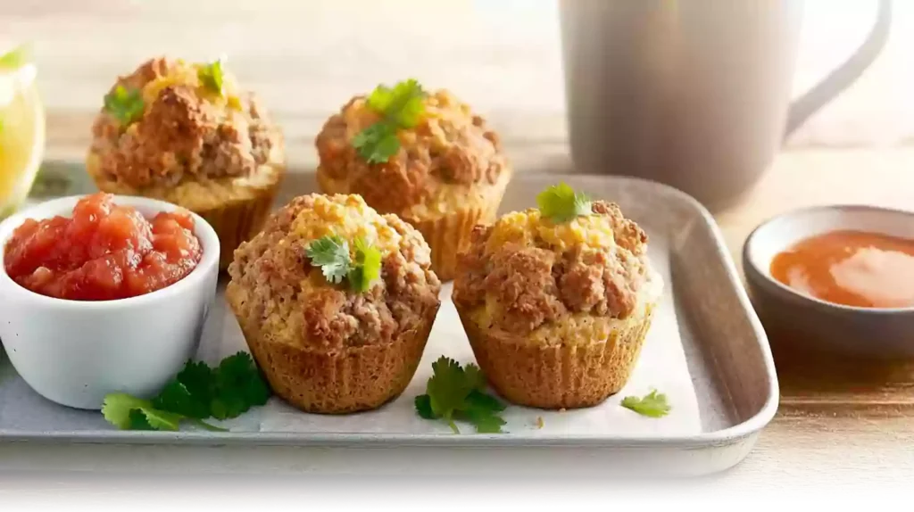 Golden brown sausage muffins on a tray with fresh herbs, set in a modern kitchen.