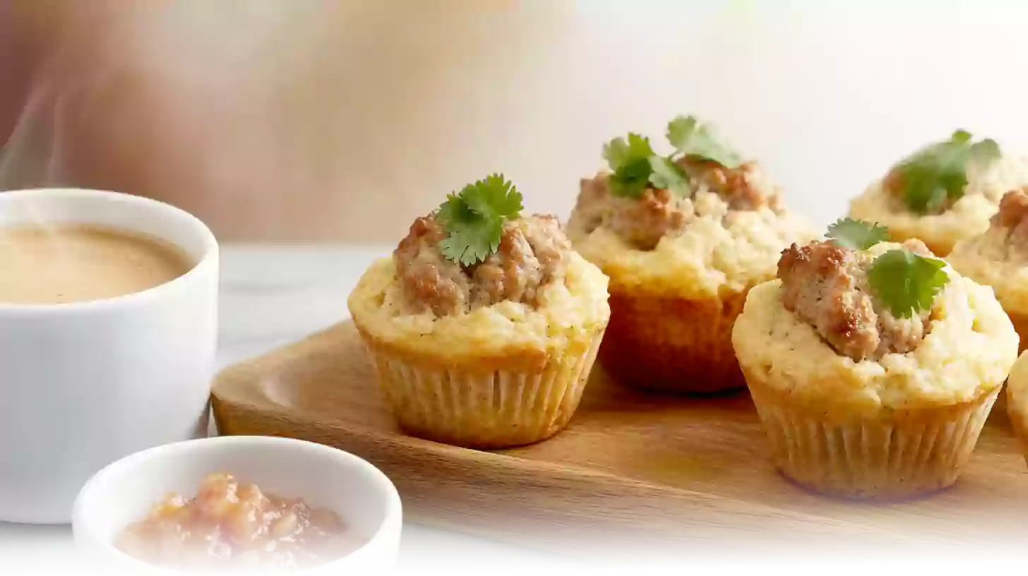 Preparing sausage muffins by folding cooked sausage and cheese into Bisquick batter in a modern kitchen