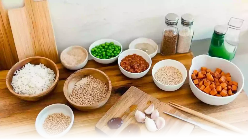 A clean and organized display of ingredients for Gochujang Fried Rice, including rice, Gochujang, soy sauce, vegetables, and optional protein.