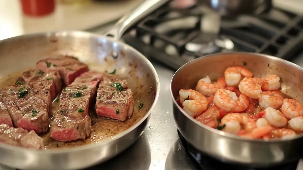 Step-by-step preparation of Cajun Surf and Turf Alfredo with steak searing, shrimp cooking, and Alfredo sauce being stirred.