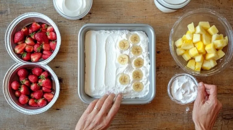 Step-by-step preparation of a banana split cake, featuring layers of crust, cream, and fresh fruits.