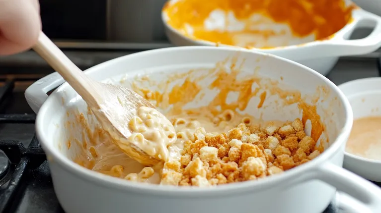 Step-by-step preparation of buffalo mac and cheese, including stirring cheese sauce and assembling the dish.