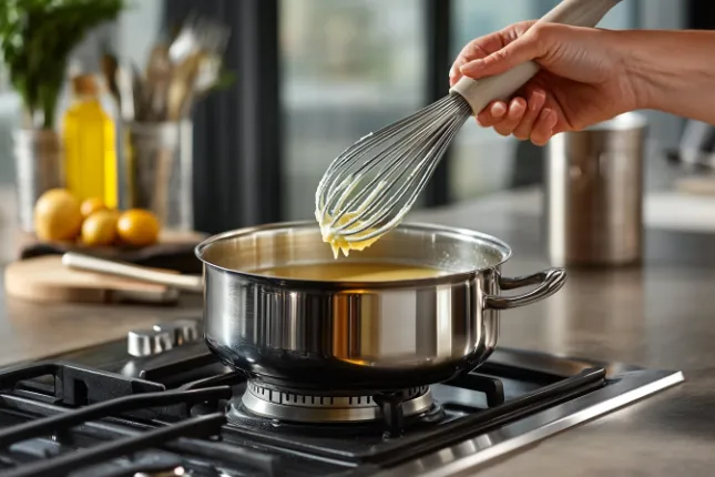 Step-by-step preparation of homemade brown gravy, featuring a whisk stirring a golden roux and the addition of beef stock in a modern kitchen.