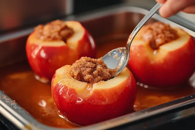 Step-by-step preparation of microwave-baked apples, showing the stuffing process in a modern kitchen setting.