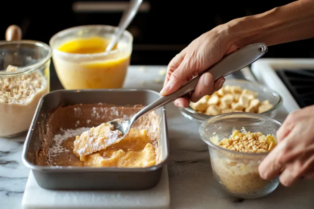 Step-by-step process of making Banana Pudding Brownies:mashing bananas, spreading batter, layering pudding, and sprinkling crushed wafers.