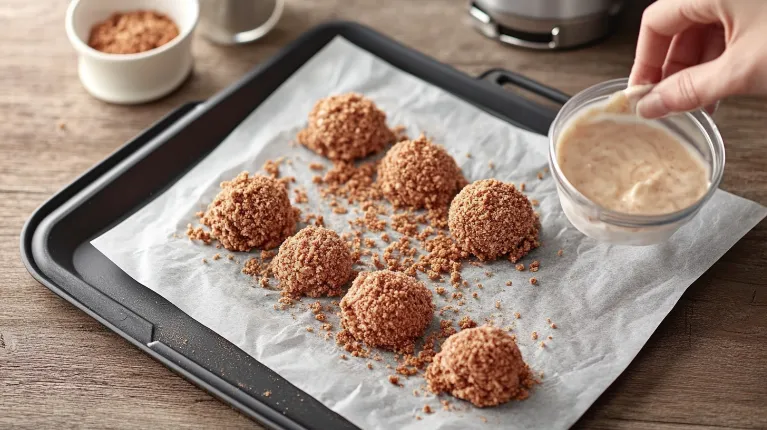 Step-by-step process of making fried chicken ice cream, from shaping ice cream to rolling it in crushed cornflakes.