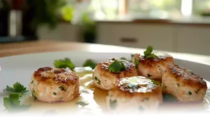 Golden and glazed Hot Honey Salmon Bites garnished with fresh parsley, served on a white plate in a cozy, modern kitchen setting.