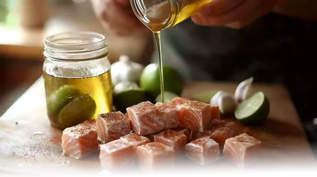 Fresh salmon cubes and ingredients for Hot Honey Salmon Bites laid out on a sleek kitchen counter in natural light.