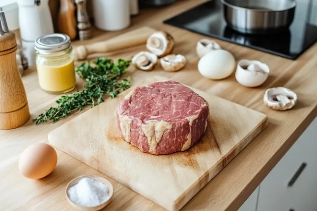 The assembly process of Beef Wellington, with beef fillet wrapped in mushroom duxelles and prosciutto.