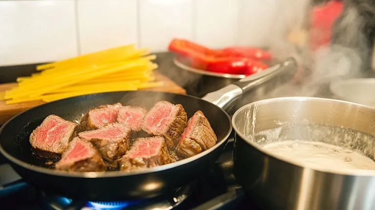 The preparation of Philly Cheesesteak Pasta with sizzling steak, boiling pasta, and creamy cheese sauce.