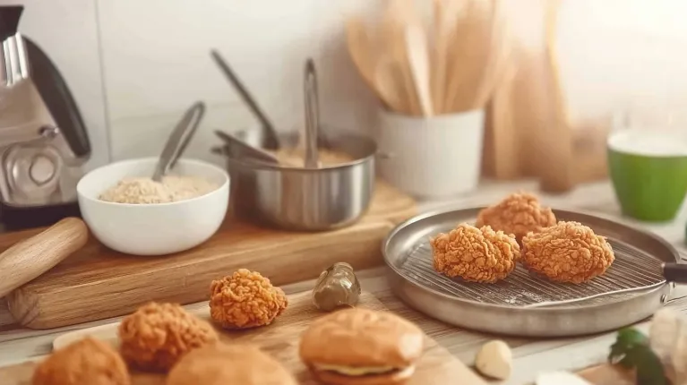 The process of breading and frying chicken for a National Fried Chicken Sandwich in a modern kitchen.