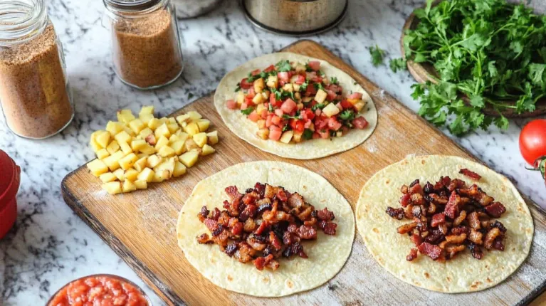 The step-by-step preparation of a breakfast burrito, featuring scrambled eggs in a skillet, sautéed potatoes, and fillings being added to a tortilla.