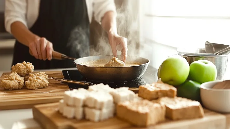 The step-by-step preparation of apple fritters, including frying golden batter and dicing fresh apples.