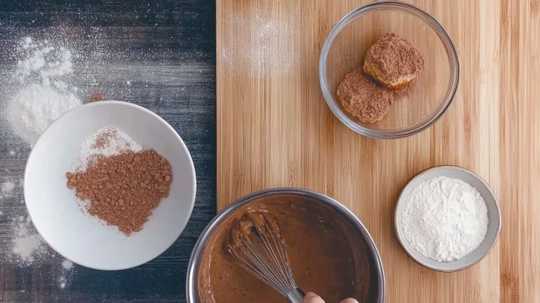 Whisking chocolate gravy on the stovetop while preparing biscuit dough in a bright modern kitchen.