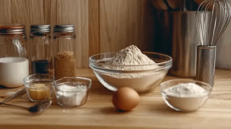 Whisking pancake batter in a bowl with ingredients and a preheated griddle in a modern kitchen setting.