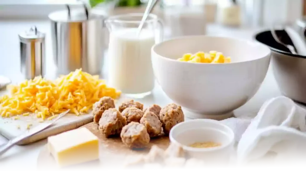 Ingredients for Cheddar Bay Sausage Balls, including sausage, cheddar cheese, biscuit mix, seasoning, butter, and milk, arranged on a kitchen countertop.