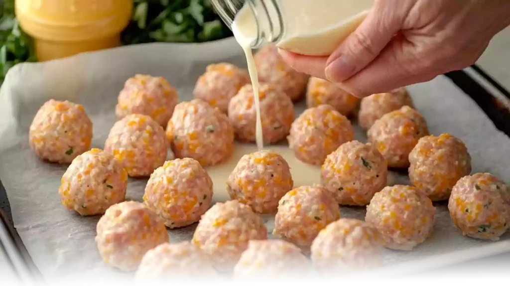 Mixing the ingredients for Cheddar Bay Sausage Balls in a large bowl, with milk being added for moisture.