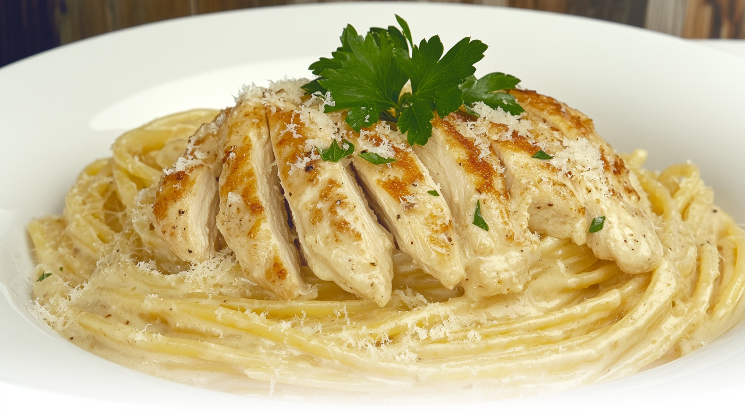 A bowl of Creamy Garlic Parmesan Chicken Pasta with golden chicken slices, garnished with parsley and parmesan cheese.