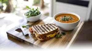 Grilled sandwich served with creamy tomato soup and fresh greens on a wooden board in a bright kitchen.