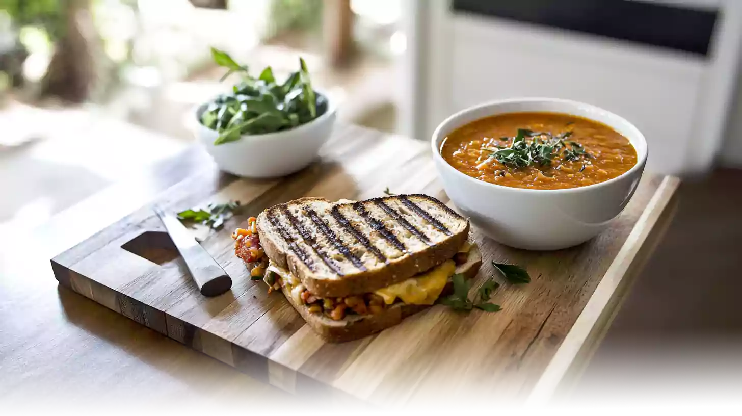 Grilled sandwich served with creamy tomato soup and fresh greens on a wooden board in a bright kitchen.