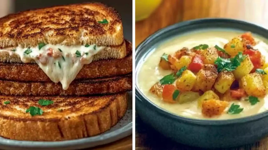 Best Sandwich for Potato Soup oozing with melted cheese, paired with creamy hashbrown soup.